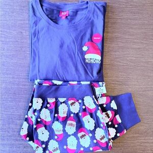 Women’s Christmas Pajamas Set Dark Blue & Red with multiple Santa Faces